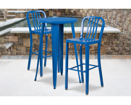 BLNK Earl Commercial Round Metal Indoor-Outdoor Bar Table Set with 2 Vertical Slat Back Stools