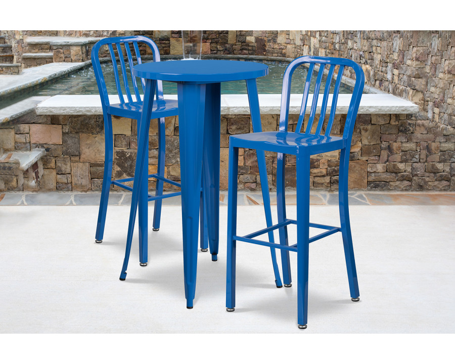 BLNK Earl Commercial Round Metal Indoor-Outdoor Bar Table Set with 2 Vertical Slat Back Stools - Blue