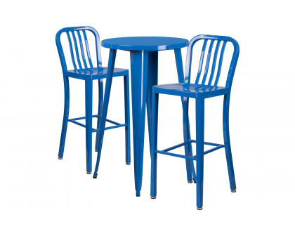 BLNK Earl Commercial Round Metal Indoor-Outdoor Bar Table Set with 2 Vertical Slat Back Stools - Blue