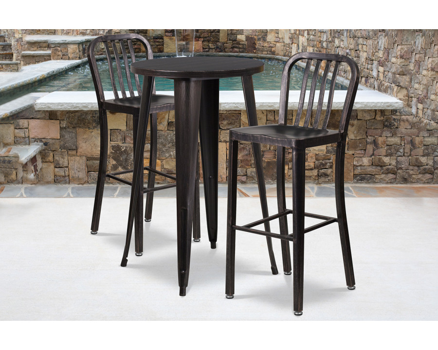 BLNK Earl Commercial Round Metal Indoor-Outdoor Bar Table Set with 2 Vertical Slat Back Stools