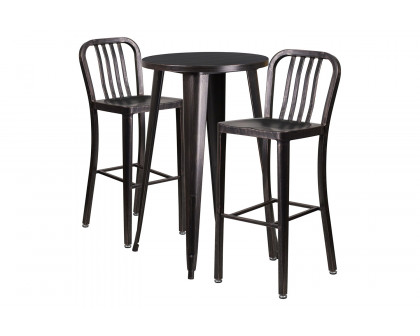 BLNK Earl Commercial Round Metal Indoor-Outdoor Bar Table Set with 2 Vertical Slat Back Stools