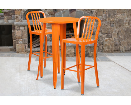 BLNK Earl Commercial Round Metal Indoor-Outdoor Bar Table Set with 2 Vertical Slat Back Stools