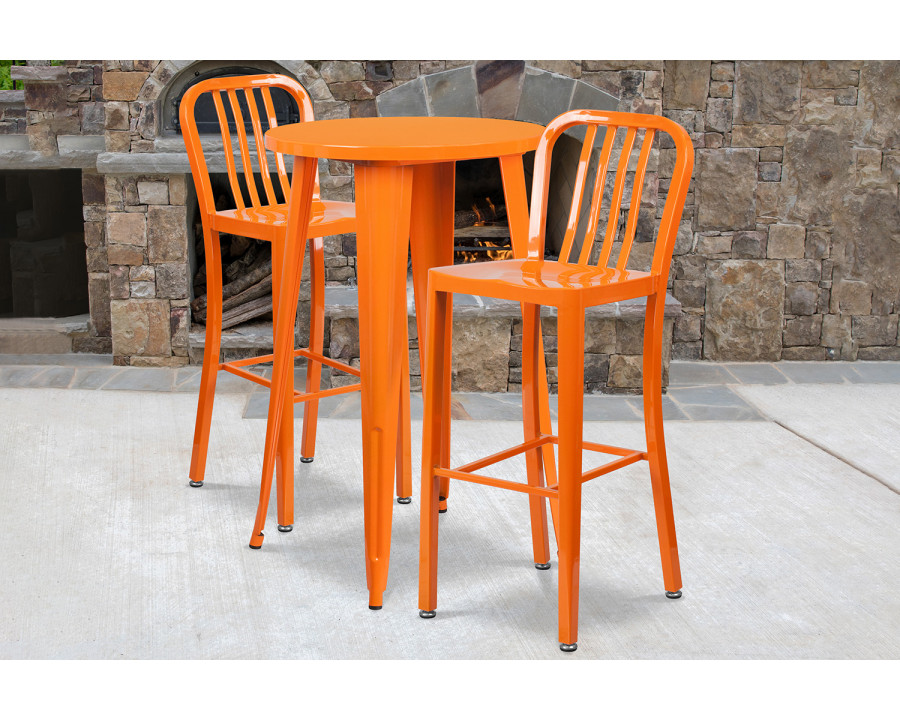 BLNK Earl Commercial Round Metal Indoor-Outdoor Bar Table Set with 2 Vertical Slat Back Stools - Orange