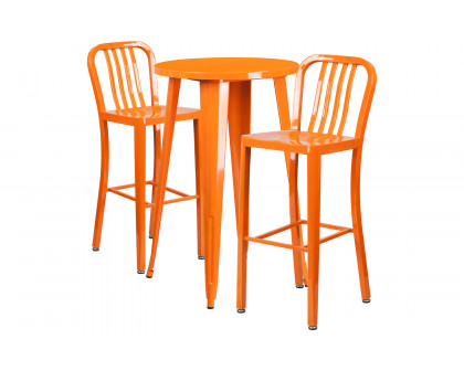 BLNK Earl Commercial Round Metal Indoor-Outdoor Bar Table Set with 2 Vertical Slat Back Stools - Orange