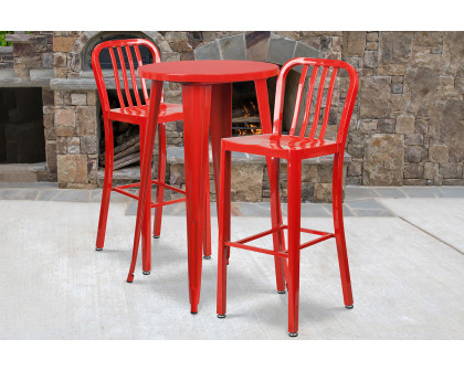 BLNK Earl Commercial Round Metal Indoor-Outdoor Bar Table Set with 2 Vertical Slat Back Stools