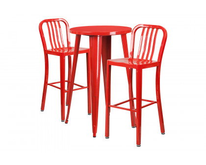 BLNK Earl Commercial Round Metal Indoor-Outdoor Bar Table Set with 2 Vertical Slat Back Stools - Red