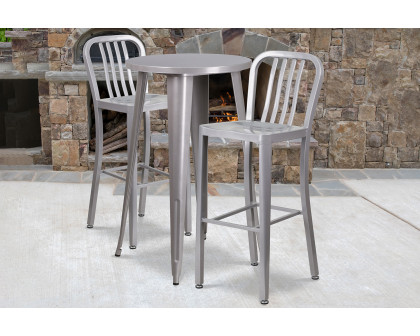 BLNK Earl Commercial Round Metal Indoor-Outdoor Bar Table Set with 2 Vertical Slat Back Stools