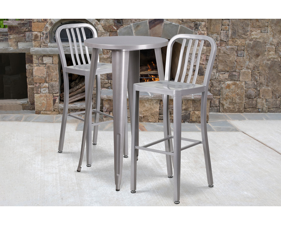 BLNK Earl Commercial Round Metal Indoor-Outdoor Bar Table Set with 2 Vertical Slat Back Stools - Silver