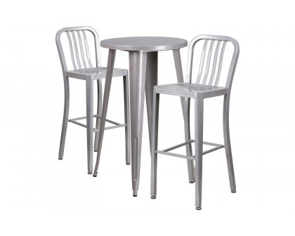 BLNK Earl Commercial Round Metal Indoor-Outdoor Bar Table Set with 2 Vertical Slat Back Stools - Silver