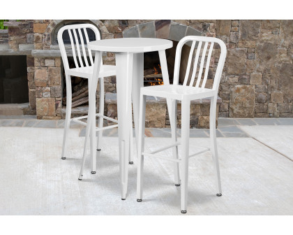 BLNK Earl Commercial Round Metal Indoor-Outdoor Bar Table Set with 2 Vertical Slat Back Stools