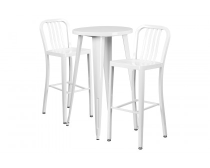 BLNK Earl Commercial Round Metal Indoor-Outdoor Bar Table Set with 2 Vertical Slat Back Stools - White