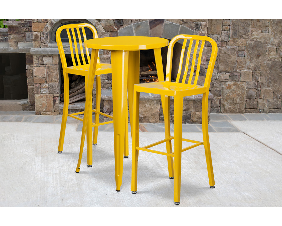 BLNK Earl Commercial Round Metal Indoor-Outdoor Bar Table Set with 2 Vertical Slat Back Stools - Yellow