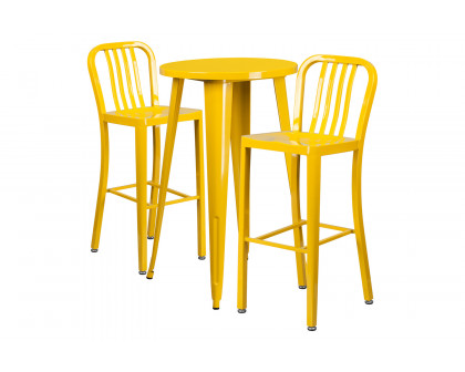 BLNK Earl Commercial Round Metal Indoor-Outdoor Bar Table Set with 2 Vertical Slat Back Stools - Yellow