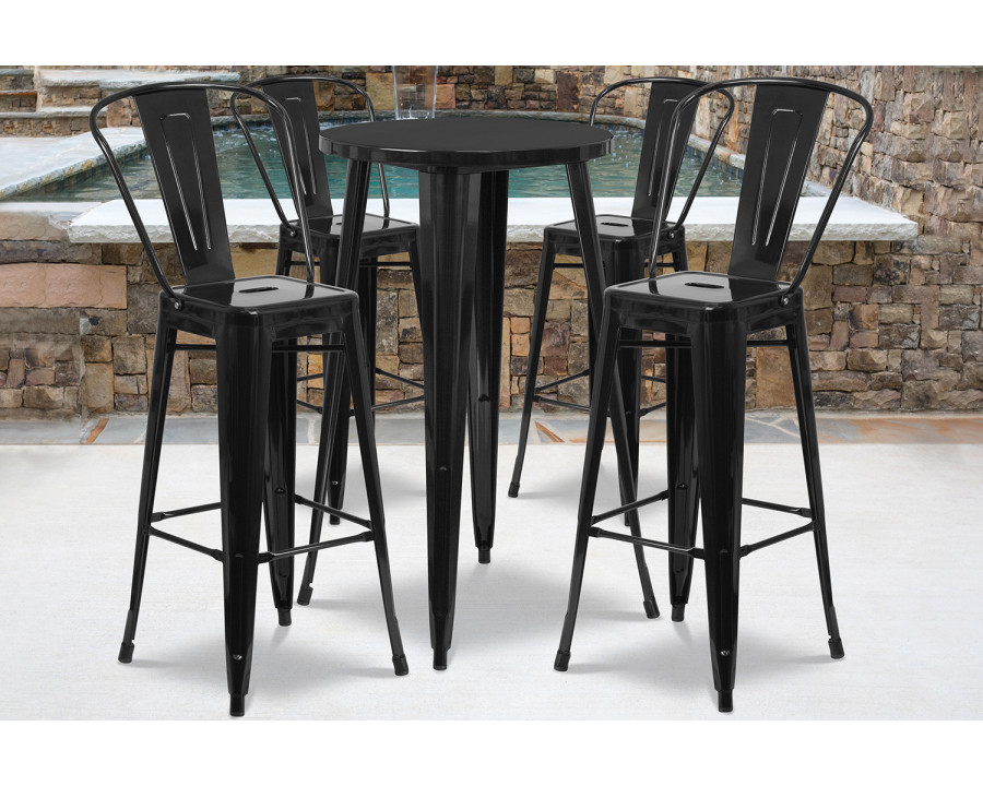 BLNK Dexter Commercial Round Metal Indoor-Outdoor Bar Table Set with 4 Cafe Stools - Black