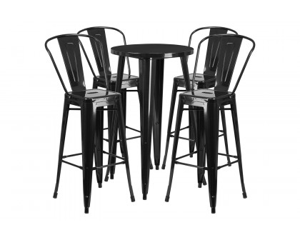 BLNK Dexter Commercial Round Metal Indoor-Outdoor Bar Table Set with 4 Cafe Stools - Black