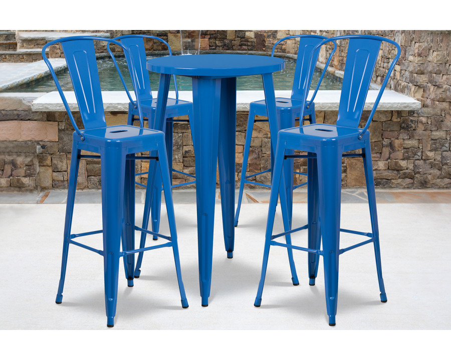 BLNK Dexter Commercial Round Metal Indoor-Outdoor Bar Table Set with 4 Cafe Stools - Blue