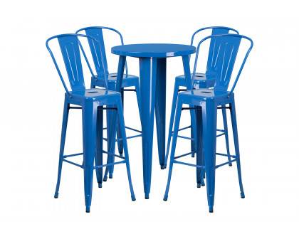 BLNK Dexter Commercial Round Metal Indoor-Outdoor Bar Table Set with 4 Cafe Stools - Blue