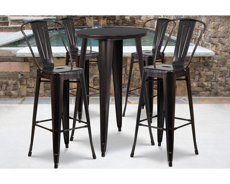 BLNK Dexter Commercial Round Metal Indoor-Outdoor Bar Table Set with 4 Cafe Stools - Black/Antique Gold