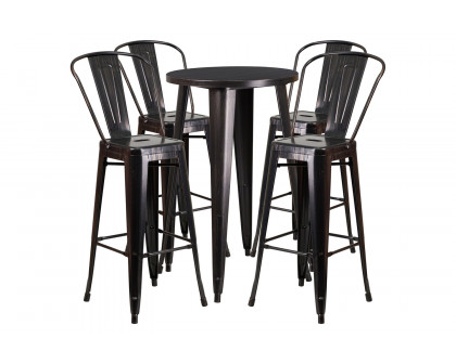 BLNK Dexter Commercial Round Metal Indoor-Outdoor Bar Table Set with 4 Cafe Stools - Black/Antique Gold