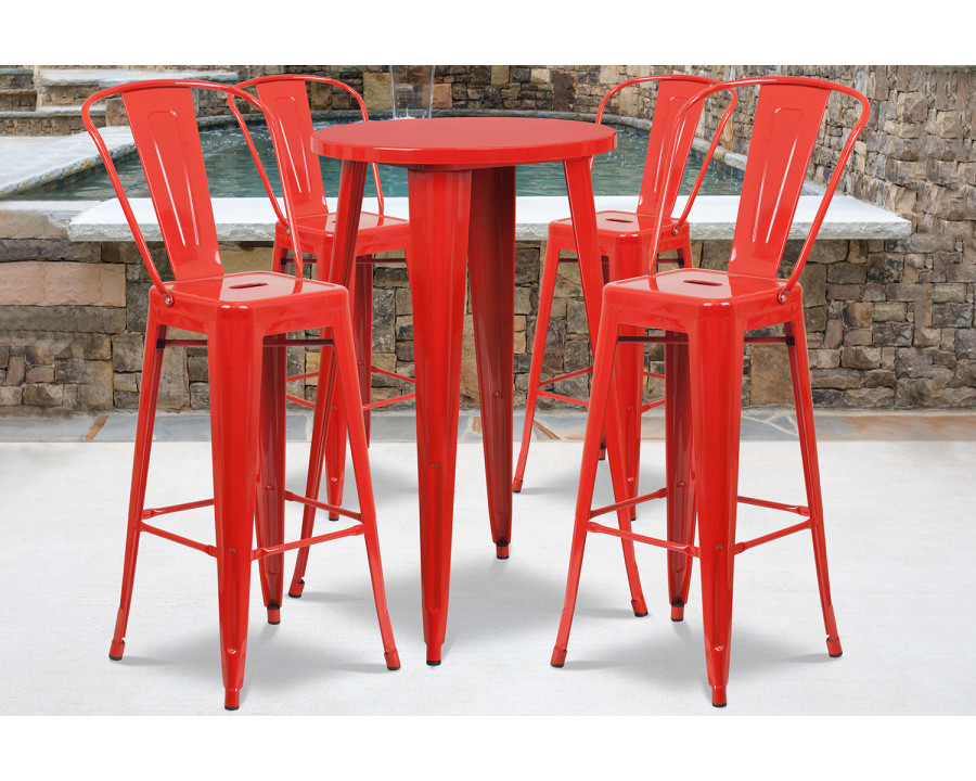 BLNK Dexter Commercial Round Metal Indoor-Outdoor Bar Table Set with 4 Cafe Stools - Red