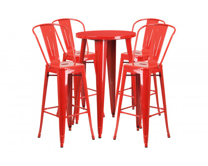 BLNK Dexter Commercial Round Metal Indoor-Outdoor Bar Table Set with 4 Cafe Stools - Red