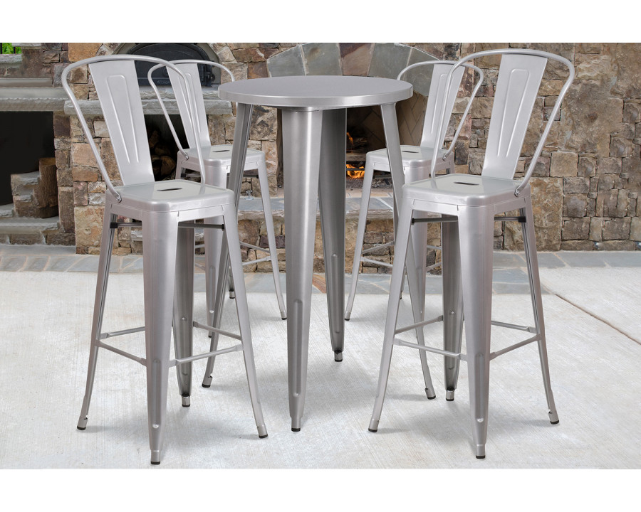 BLNK Dexter Commercial Round Metal Indoor-Outdoor Bar Table Set with 4 Cafe Stools - Silver