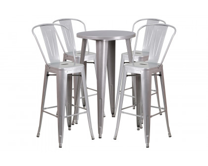 BLNK Dexter Commercial Round Metal Indoor-Outdoor Bar Table Set with 4 Cafe Stools - Silver