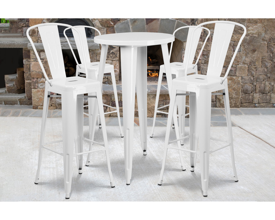 BLNK Dexter Commercial Round Metal Indoor-Outdoor Bar Table Set with 4 Cafe Stools - White