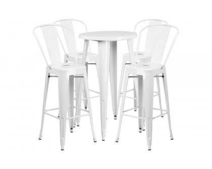 BLNK Dexter Commercial Round Metal Indoor-Outdoor Bar Table Set with 4 Cafe Stools - White