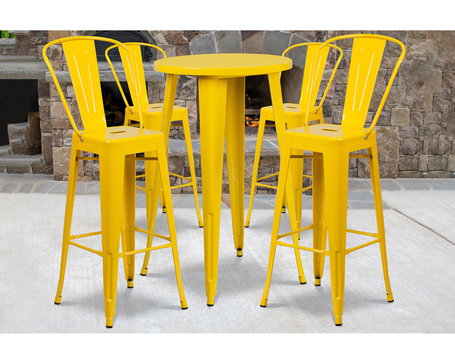 BLNK Dexter Commercial Round Metal Indoor-Outdoor Bar Table Set with 4 Cafe Stools - Yellow