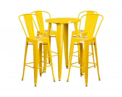 BLNK Dexter Commercial Round Metal Indoor-Outdoor Bar Table Set with 4 Cafe Stools - Yellow