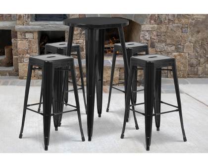 BLNK Ormsby Commercial Round Metal Indoor-Outdoor Bar Table Set with 4 Square Seat Backless Stools