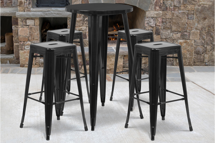 BLNK™ Ormsby Commercial Round Metal Indoor-Outdoor Bar Table Set with 4 Square Seat Backless Stools - Black