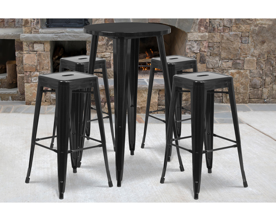 BLNK Ormsby Commercial Round Metal Indoor-Outdoor Bar Table Set with 4 Square Seat Backless Stools - Black