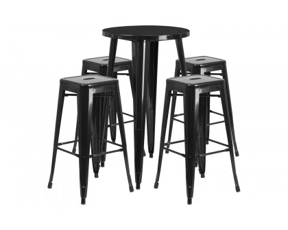 BLNK™ Ormsby Commercial Round Metal Indoor-Outdoor Bar Table Set with 4 Square Seat Backless Stools - Black