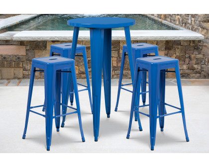 BLNK Ormsby Commercial Round Metal Indoor-Outdoor Bar Table Set with 4 Square Seat Backless Stools