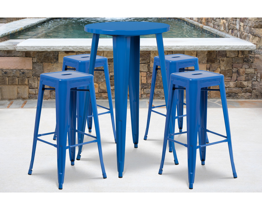 BLNK Ormsby Commercial Round Metal Indoor-Outdoor Bar Table Set with 4 Square Seat Backless Stools - Blue