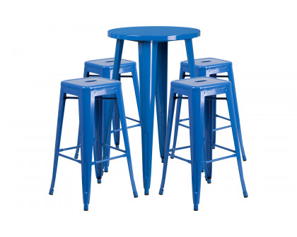 BLNK Ormsby Commercial Round Metal Indoor-Outdoor Bar Table Set with 4 Square Seat Backless Stools - Blue