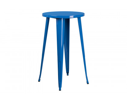 BLNK Ormsby Commercial Round Metal Indoor-Outdoor Bar Table Set with 4 Square Seat Backless Stools - Blue