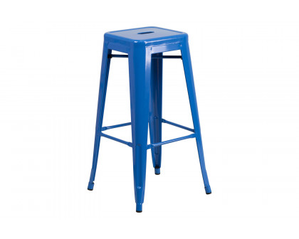 BLNK Ormsby Commercial Round Metal Indoor-Outdoor Bar Table Set with 4 Square Seat Backless Stools - Blue