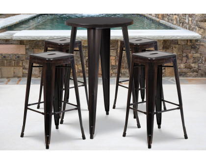 BLNK Ormsby Commercial Round Metal Indoor-Outdoor Bar Table Set with 4 Square Seat Backless Stools