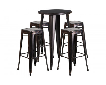 BLNK Ormsby Commercial Round Metal Indoor-Outdoor Bar Table Set with 4 Square Seat Backless Stools - Black/Antique Gold