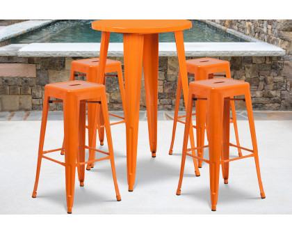 BLNK Ormsby Commercial Round Metal Indoor-Outdoor Bar Table Set with 4 Square Seat Backless Stools