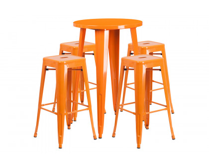 BLNK Ormsby Commercial Round Metal Indoor-Outdoor Bar Table Set with 4 Square Seat Backless Stools - Orange