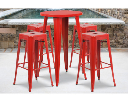 BLNK Ormsby Commercial Round Metal Indoor-Outdoor Bar Table Set with 4 Square Seat Backless Stools