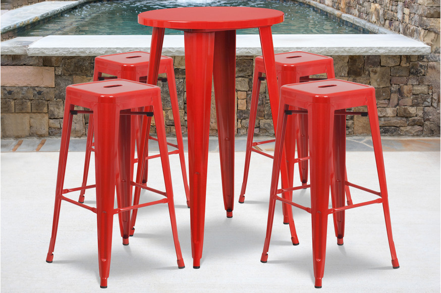 BLNK™ Ormsby Commercial Round Metal Indoor-Outdoor Bar Table Set with 4 Square Seat Backless Stools - Red