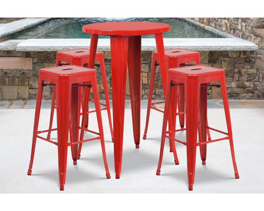 BLNK Ormsby Commercial Round Metal Indoor-Outdoor Bar Table Set with 4 Square Seat Backless Stools - Red