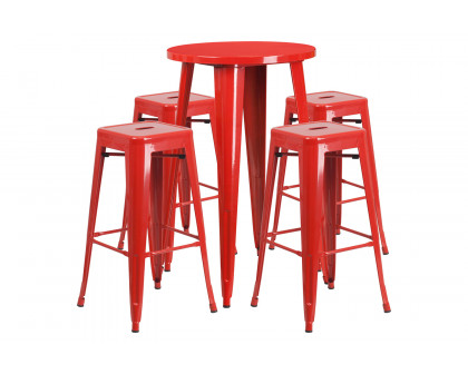 BLNK™ Ormsby Commercial Round Metal Indoor-Outdoor Bar Table Set with 4 Square Seat Backless Stools - Red