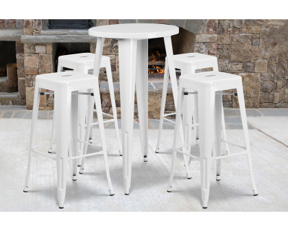 BLNK Ormsby Commercial Round Metal Indoor-Outdoor Bar Table Set with 4 Square Seat Backless Stools