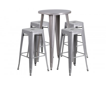 BLNK Ormsby Commercial Round Metal Indoor-Outdoor Bar Table Set with 4 Square Seat Backless Stools - Silver